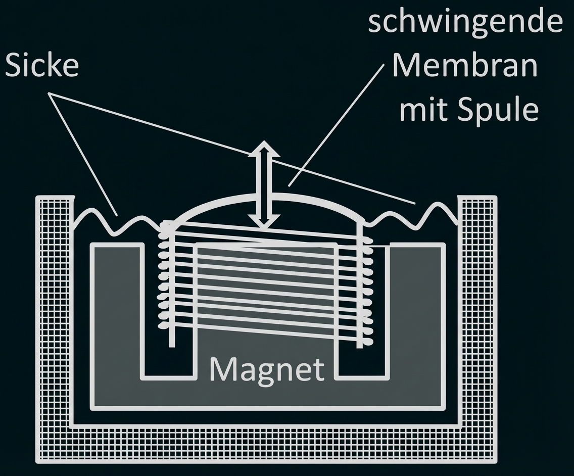Querschnitt eines Lautsprechers mit schwingender Membran, Spule, Magnet und Sicke